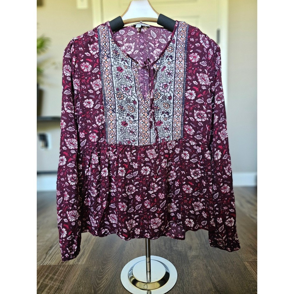 Lucky Brand Womens Burgundy Floral Peasant Top Long Sleeve Boho Blouse XS